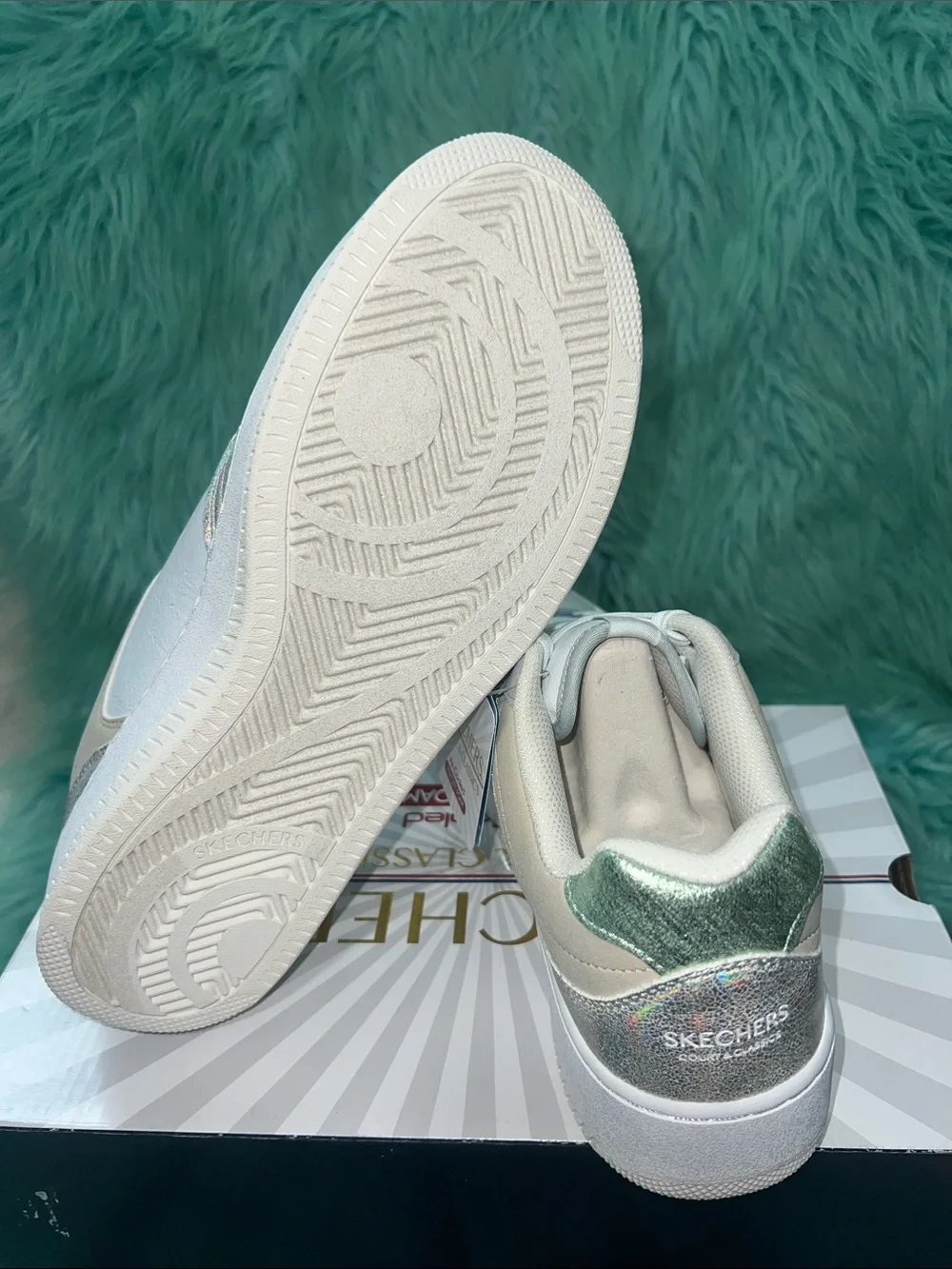 NIB Skechers White Sneakers with Iridescent Holographic Accent W/11
